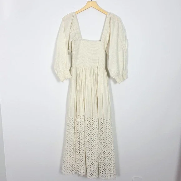 Free People Perfect Storm Midi Dress Ivory Lace Eyelet Smocked Puff Sleeve Small - Picture 7 of 7